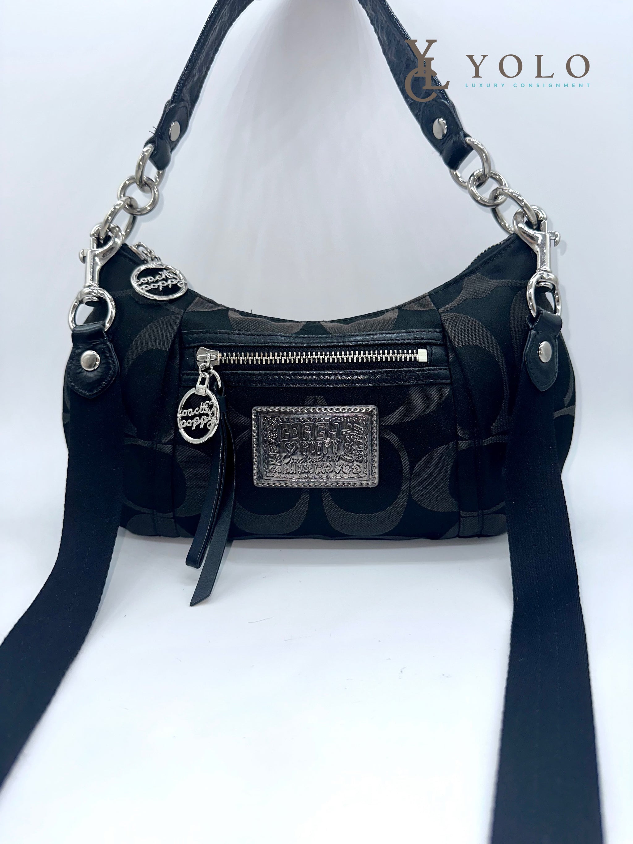 Black leather Coach bag handcrafted Poppy Hallie style no. store 22424