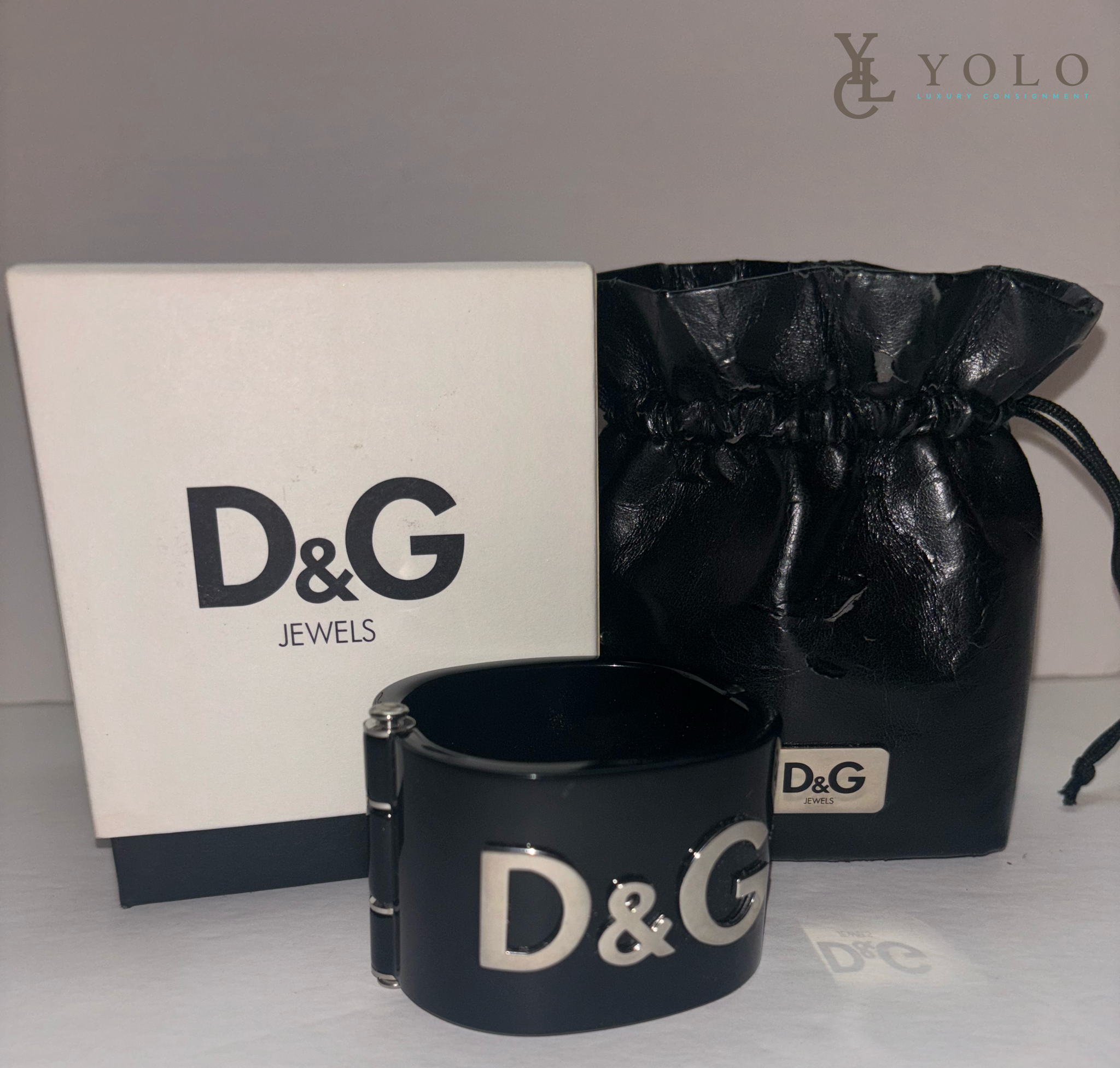 Dolce & Gabbana Black and Silver "Locked" Enamel Cuff Logo Bracelet