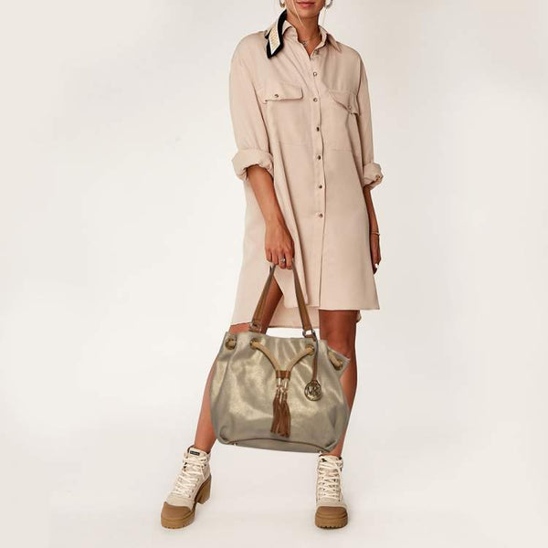 Michael Kors Metallic Marina Large Canvas Drawstring Tote